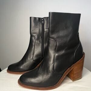 Jeffrey Campbell Black Leather Zip Up Boots with Stacked Wood Heel